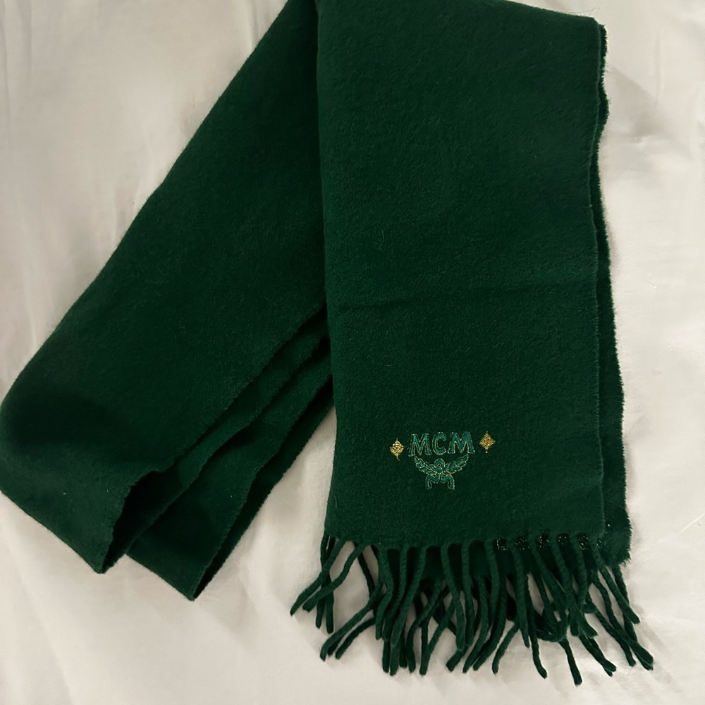 MCM Green Wool Scarf with Fringe
